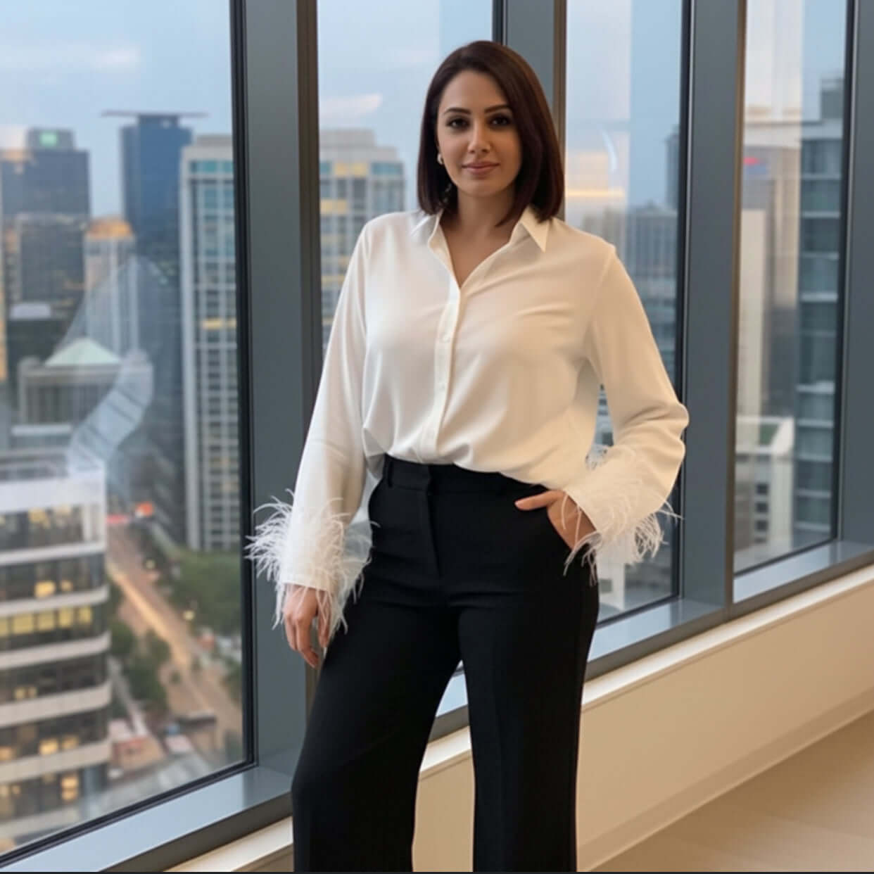 Captivating view of the Emery White Evening Shirt With Feathers by Eve Couture, worn by a fashionable woman against a stunning city skyline. This luxurious silk bamboo shirt with feather embellishments is perfect for those seeking elegance in both evening ensembles and formal occasions. A flag bearer for high-end couture and British bridal fashion, it's a must-have for anyone's evening wardrobe.