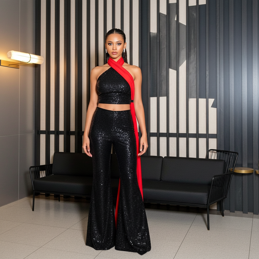 Model wearing Ammeline sequined flared trousers in a chic setting, demonstrating the flattering flared cut and luxurious design.