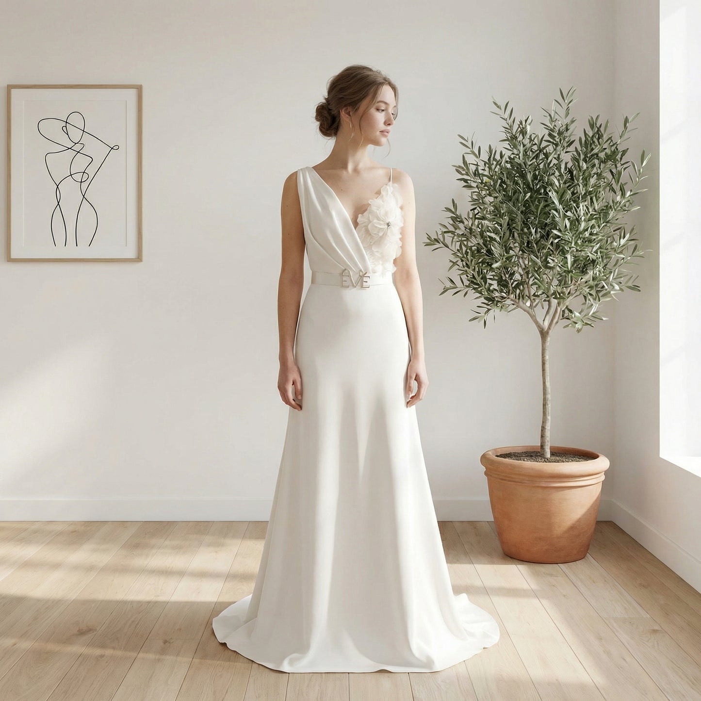 A beautiful angle of the Aphrodite Wedding Dress by Eve Couture London, presenting the intricate details and luxurious features of this couture bridal gown.