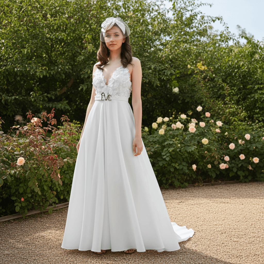 A full front view of the beautiful Daneiris Wedding Dress by Eve Couture London, showcasing the luxurious fit and intricate detailing of this bespoke bridal gown. This designer bridal dress is part of a couture collection, embodying the essence of elegance for a modern luxury wedding.