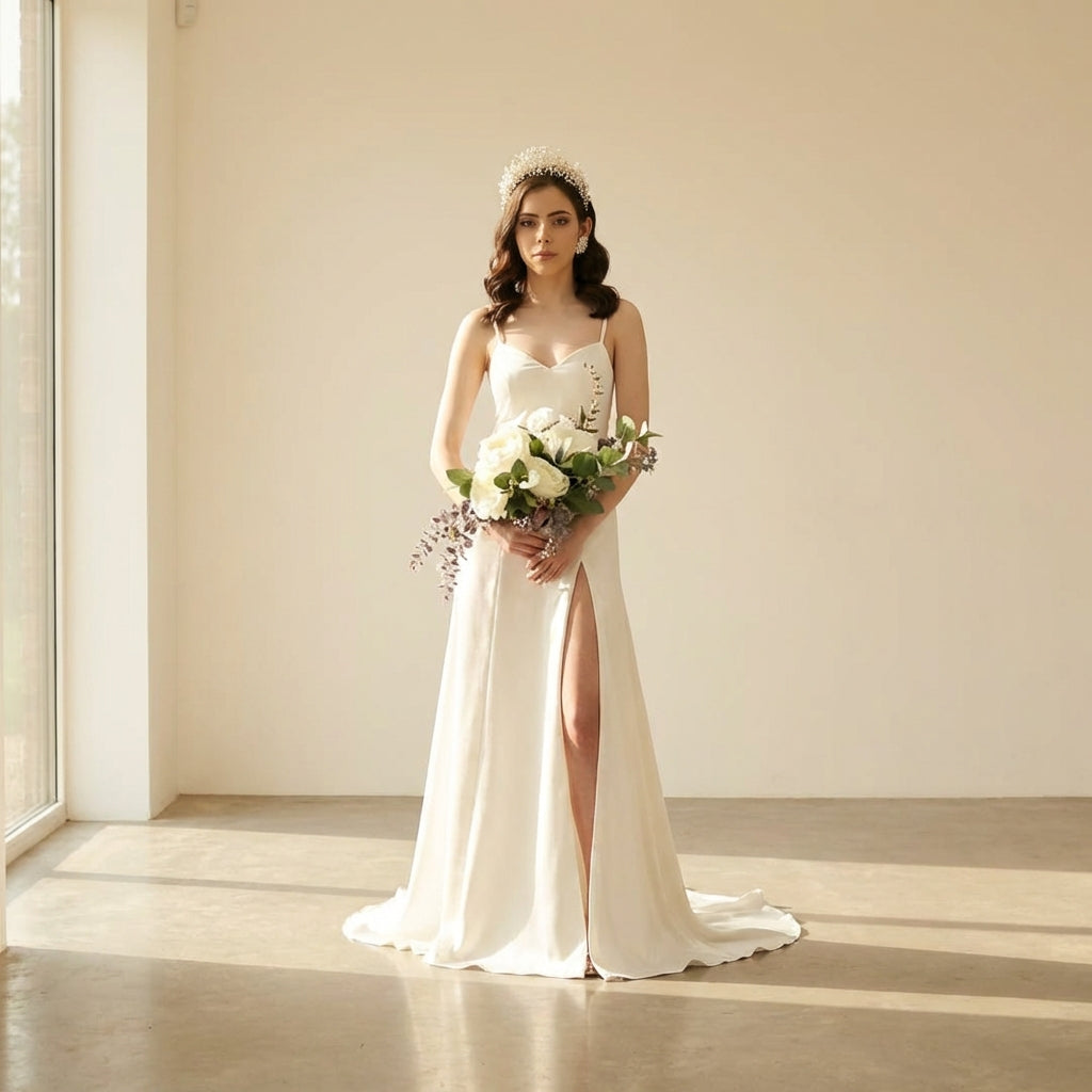 Bride wearing Daneriss Wedding Set with Sequined Cape, holding bouquet and showcasing elegant design.