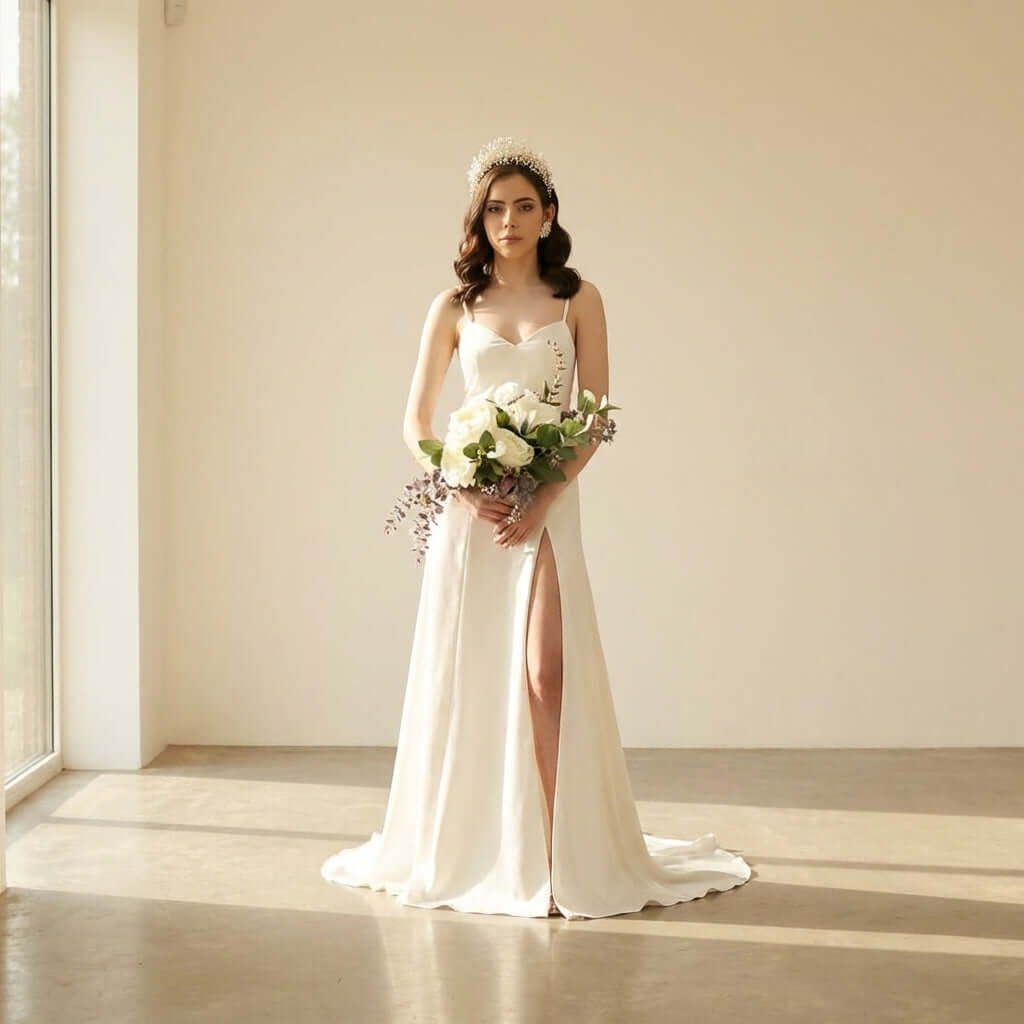 Bride wearing Daneriss Wedding Set with Sequined Cape, holding bouquet and showcasing elegant design.