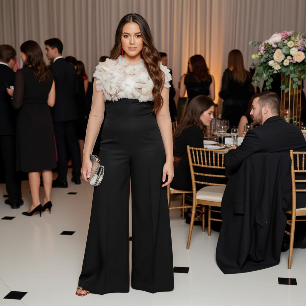 A fashionable model posing at an elegant event, wearing the Maylin High Waisted Trousers by Eve Couture London, surrounded by a sophisticated ambiance and guests in formal attire.