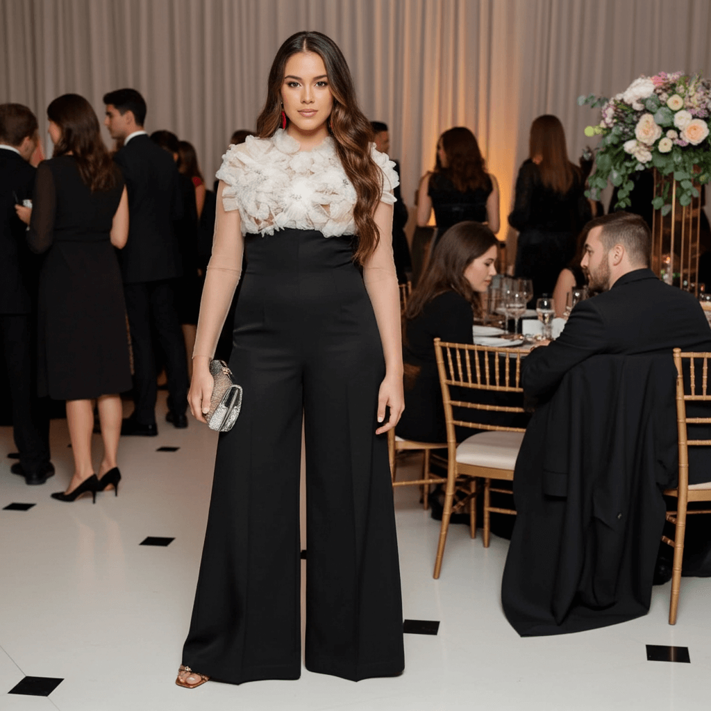 A fashionable model posing at an elegant event, wearing the Maylin Elegant High Waisted Trousers by Eve Couture London, surrounded by a sophisticated ambiance and guests in formal attire.