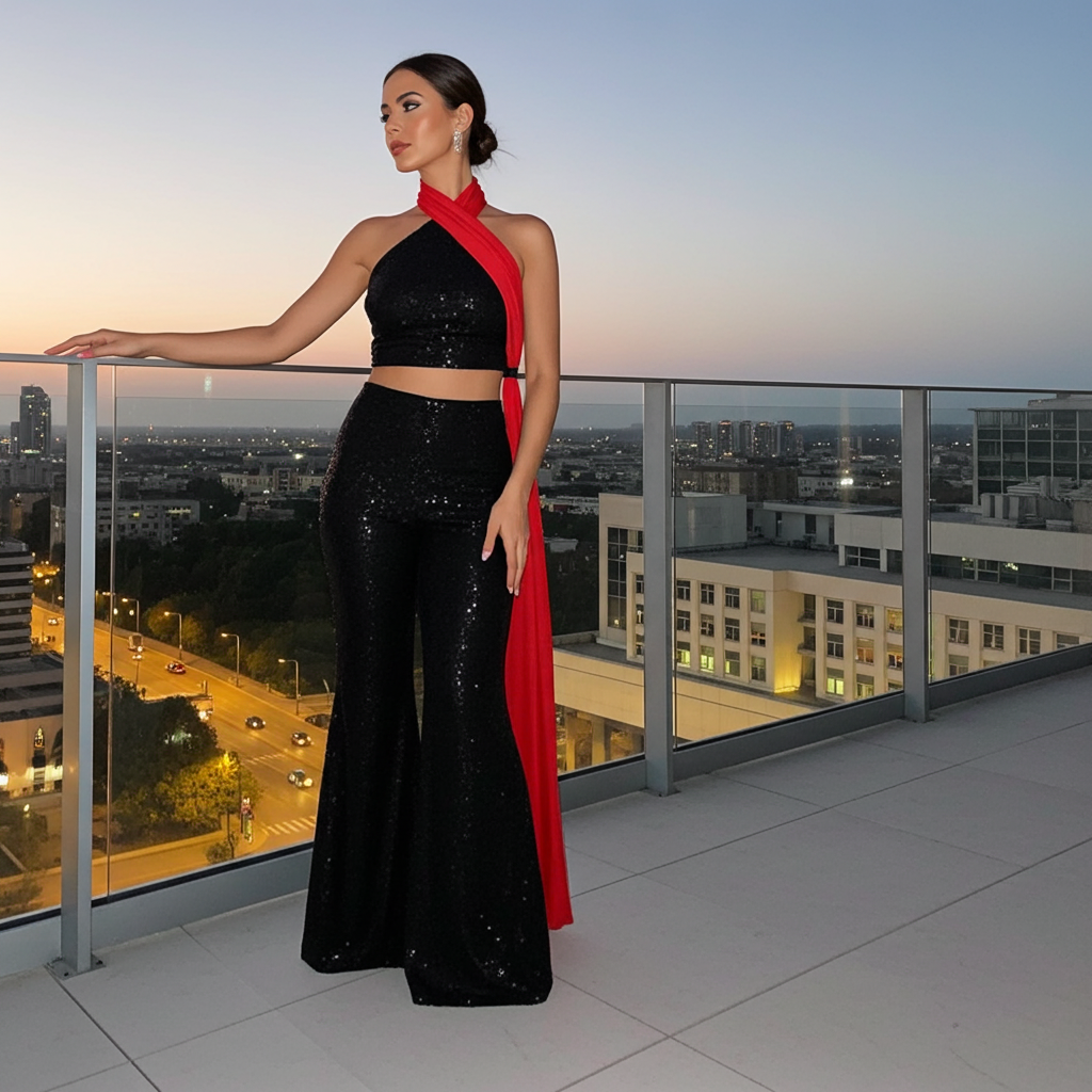 Ammeline sequined flared trousers showcased in black sequins, perfect for making a luxury fashion statement at parties and events.