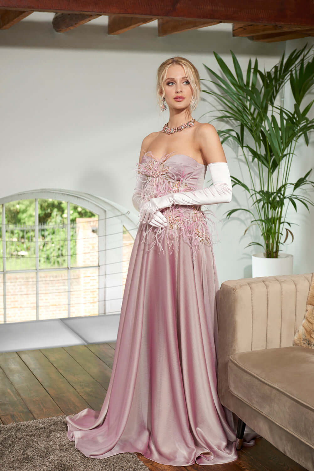 Dahlia Ball Gown - Iridescent Pink Dress with Feather, handmade luxury dress by Eve Couture London.