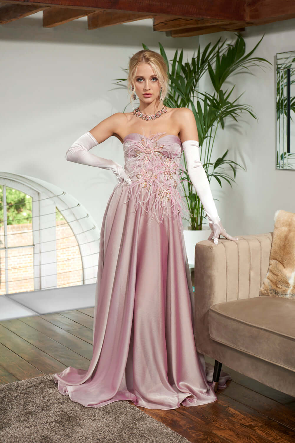 Dahlia Ball Gown - Iridescent Pink Dress with Feather, handmade, luxurious maxi dress from Eve Couture London.