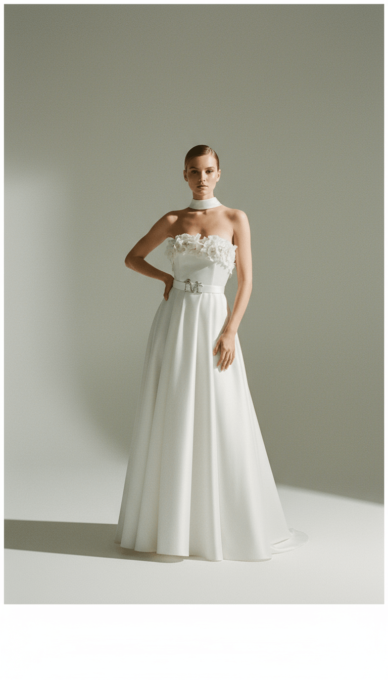 Sophisticated model wearing the Rhea Wedding Dress by Eve Couture London, posed in a studio setting, showcasing its luxurious fabric and intricate designs.