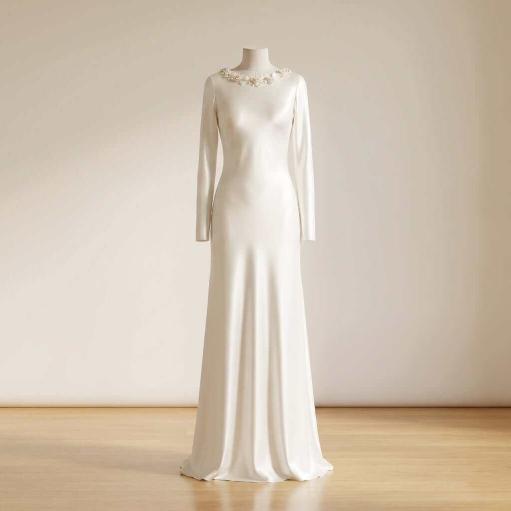 The Kassia Wedding Dress by Eve Couture London showcases elegant silk fabric with intricate crystal embellishments, perfect for modern brides. This hand-made bridal gown features long sleeves and a backless design, embodied in British bridal designer fashion, ideal for luxury weddings and special occasions. This couture bridal gown offers a sophisticated look, capturing the essence of a romantic beach wedding dress or glam red carpet gown.