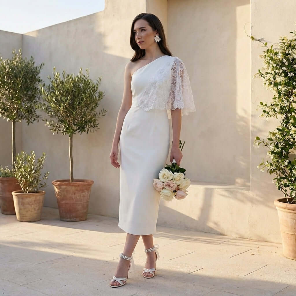 Gilia Midi Wedding Dress with Embroidered Sleeves