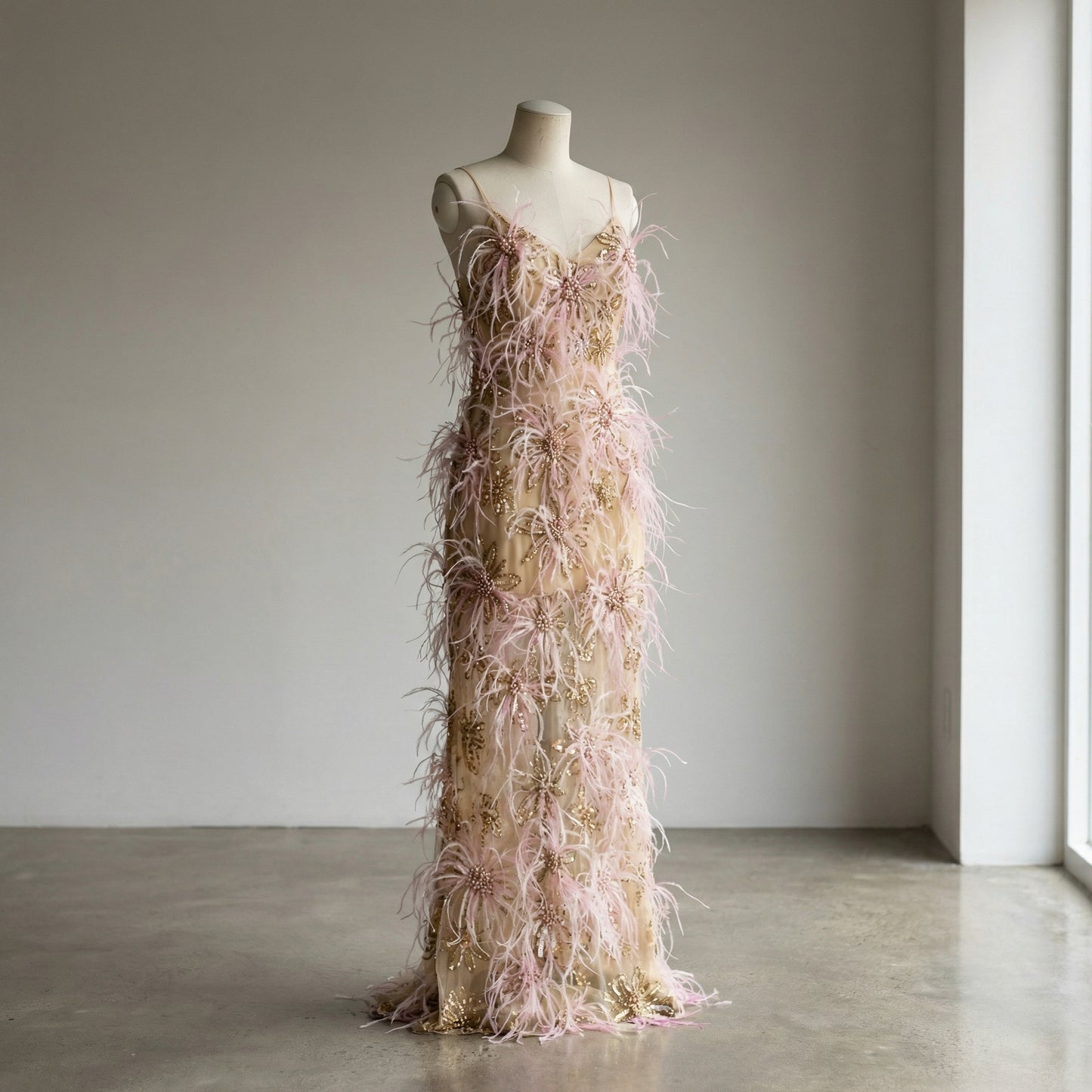 The full silhouette of the Gwyneth Ball Gown by Eve Couture London, a statement of elegance featuring eye-catching pink hues and sumptuous feather work, crafted to perfection for special occasions.