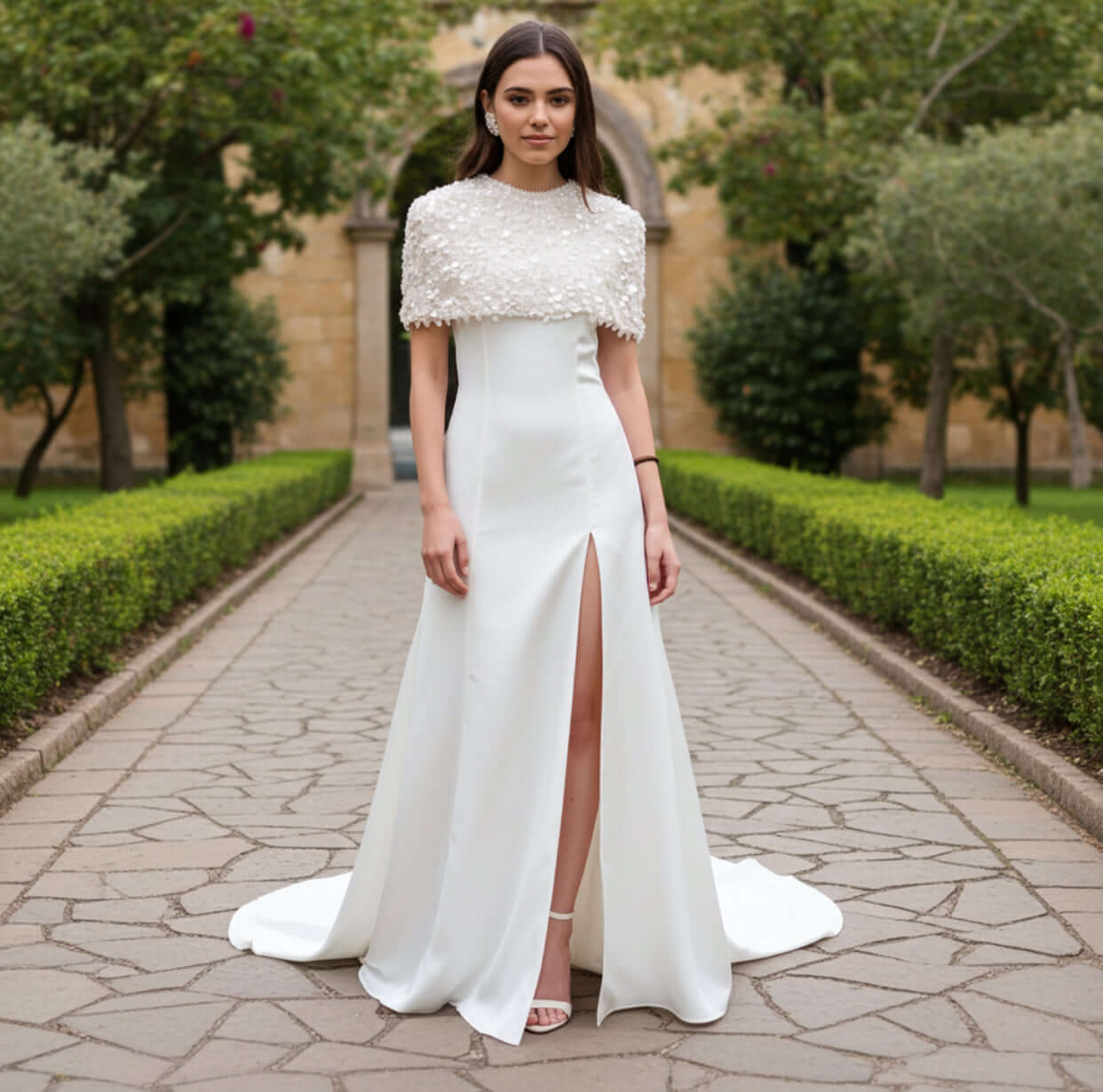 The bride stands elegantly in the Daneriss Wedding Set with Sequined Cape by Eve Couture London, highlighting the beautiful fitted bodice and luxurious fabric of the couture bridal gown. The glamorous bridal cape enhances the entire look, making it an ideal choice for modern brides seeking a bespoke bridal experience within the luxury bridal fashion realm.