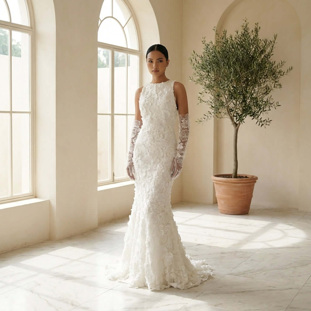 Timeless Myriss Bridal Gloves designed by Eve Couture, a luxurious addition to any wedding attire. These bridal gloves embody the essence of couture fashion, hand made to perfection for a statement-making bridal look.