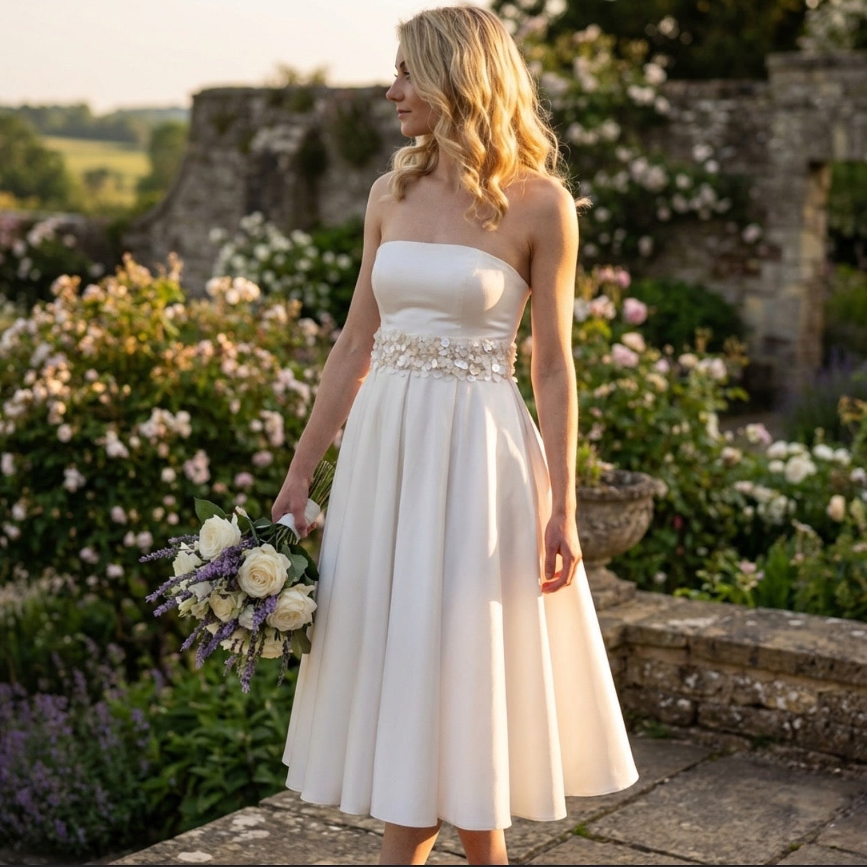 Detail of the Lysandra Wedding Dress by Eve Couture London, featuring the chic strapless design and elegant pockets. This bridal dress is a perfect blend of modern style and classic luxury, ideal for brides wanting a standout couture bridal look.