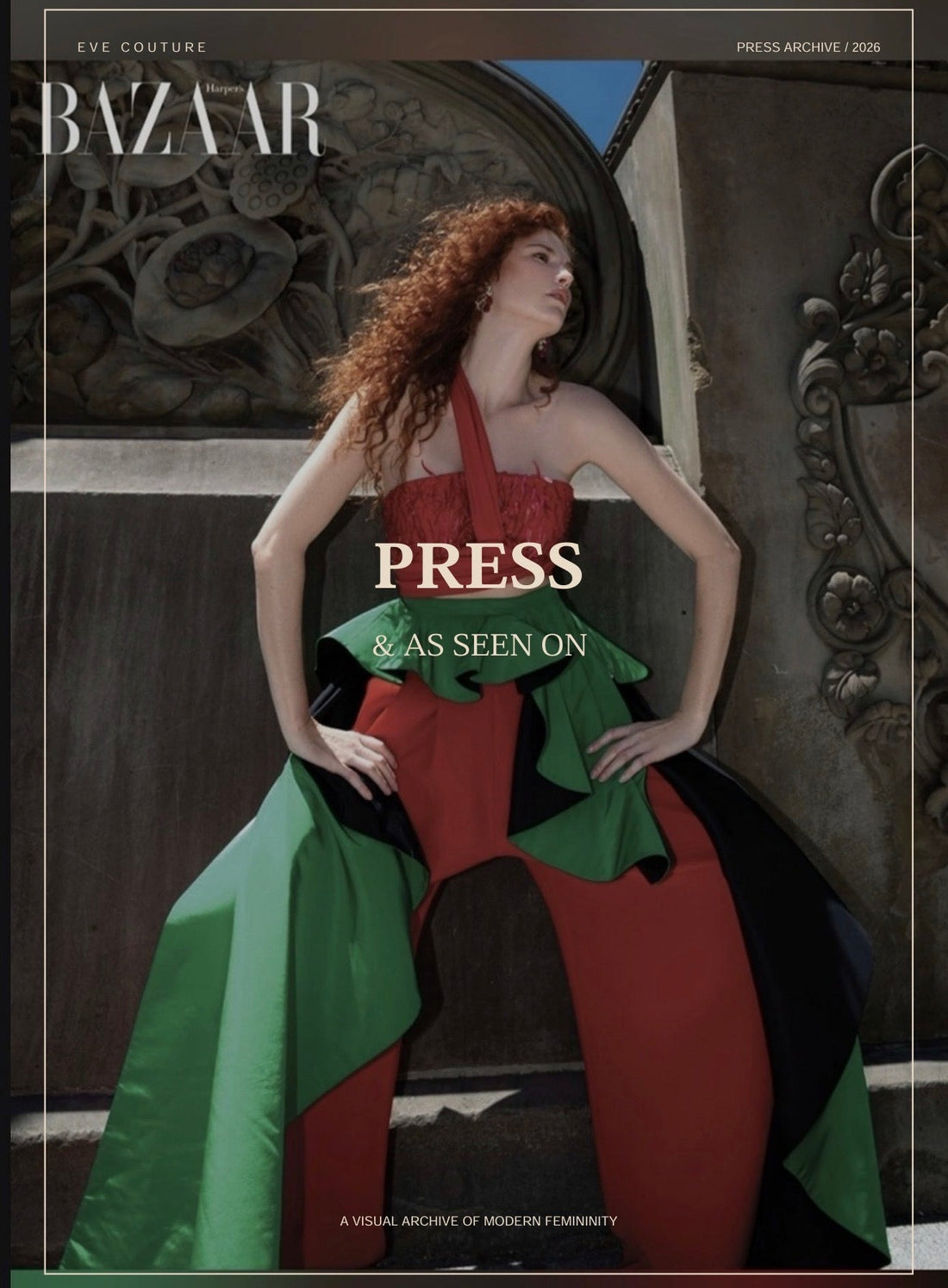 Eve Couture Press & As Seen On cover featuring a model in a red outfit with sculptural green and black detailing.