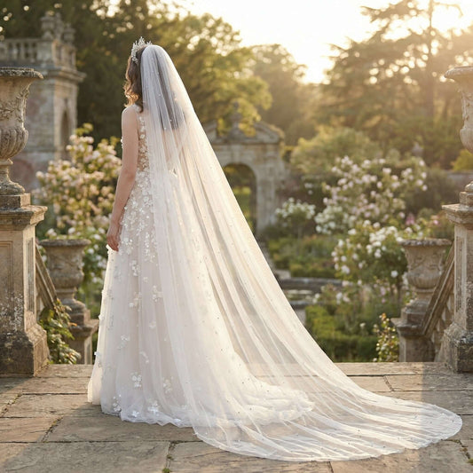 Antheia Veil by Eve Couture London, an exquisite handmade wedding veil with pearls, showcasing luxury bridal couture designed for bespoke bridal elegance. This high-end tulle and pearls veil highlights the superior craftsmanship and couture bridal collection from this distinguished designer.