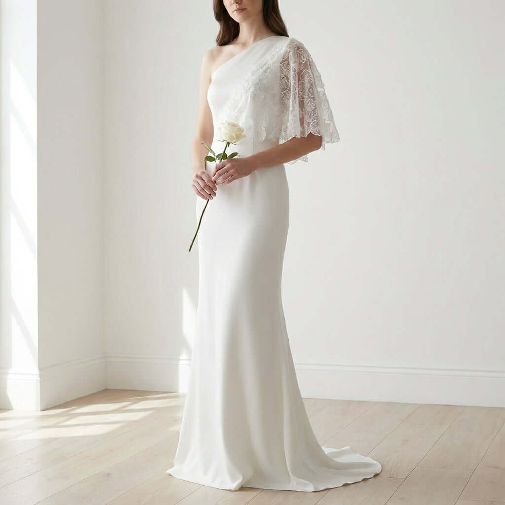 A styled shot of the Gilia Wedding Dress Long Length by Eve Couture adorned with stunning accessories. This luxury wedding dress perfectly suits the modern bride, showcasing the artistry of handmade bridal gowns crafted in London.