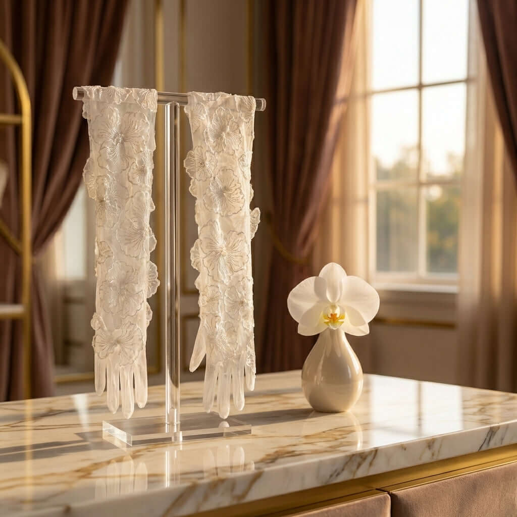 Refined Myriss Bridal Gloves from Eve Couture, an exceptional choice for brides seeking a couture aesthetic. Hand made in London, these gloves exude elegance and luxury, ideal for a high-end wedding.