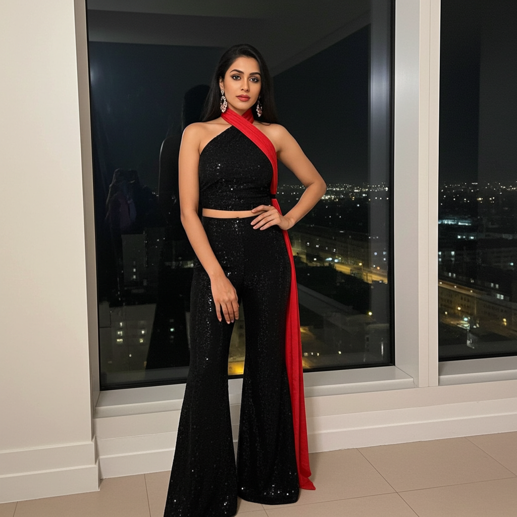 Detailed view of the Ammeline sequined flared trousers, emphasizing the intricate workmanship and glamorous style, ideal for special occasions.