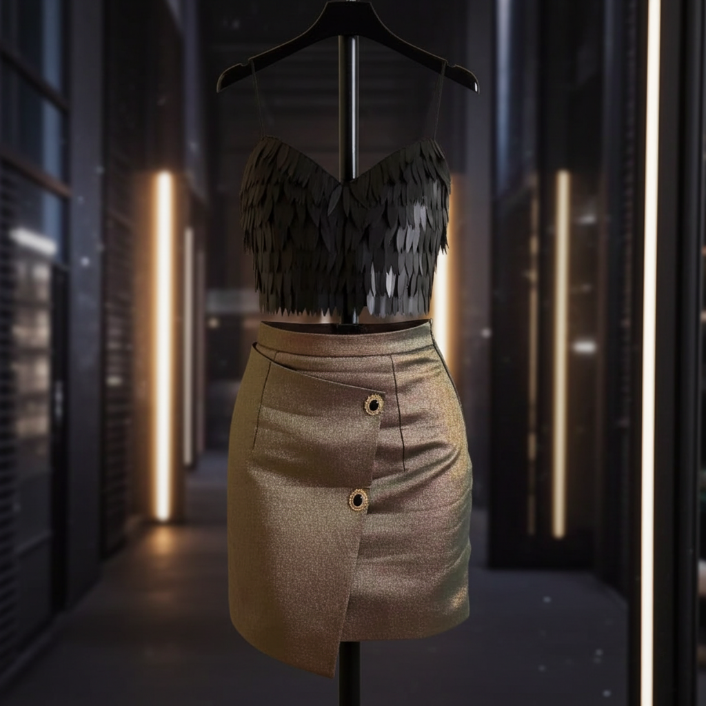 Captivating view of the Nova Mini Skirt in Gold Iridescent, made to order by Eve Couture London, perfect for making a luxury fashion statement at special events.