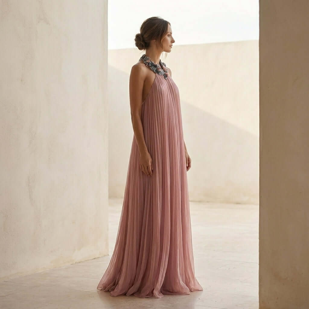 Gracefully posed, the Rozanne Halter Neck Maxi Dress by Eve Couture exemplifies elegance with its flowing silhouette in soft dusty pink silk. Hand made in London, this luxurious maxi dress is perfect for summer occasions, whether as a birthday dress, bridesmaid outfit, or an eye-catching red carpet look, ideal for celebrating in style.