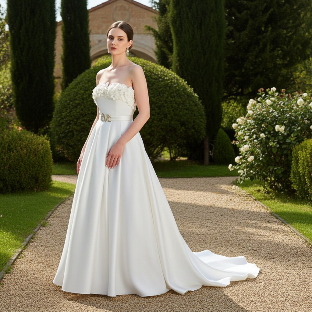 Beautiful outdoor shot of the Rhea Wedding Dress by Eve Couture London, highlighting the gown's elegant train and exquisite detailing in a garden.