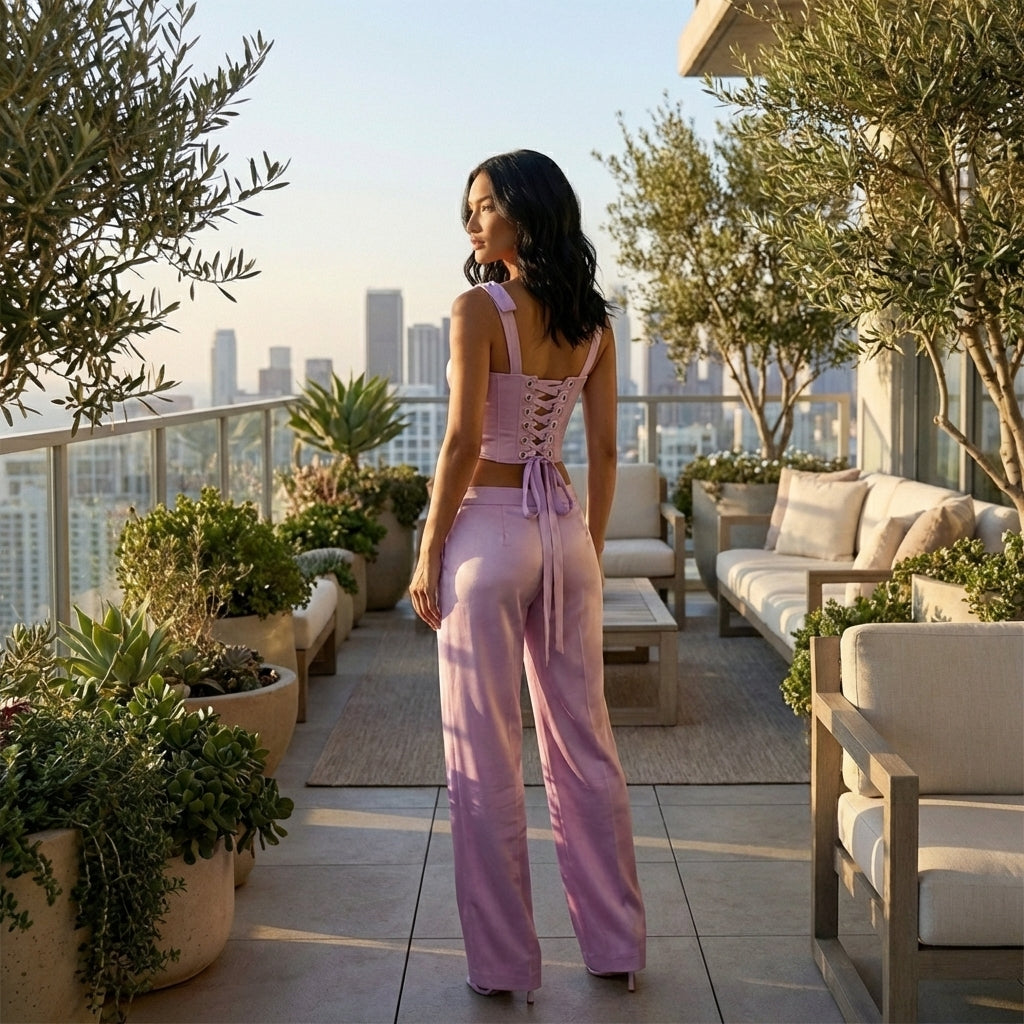 A model elegantly wears the Liv Corset Top & Low Waisted Trousers by Eve Couture, showcasing its luxurious silk taffeta fabric. This stylish co-ord set is perfect for elevated eveningwear and is made to order for a unique experience.