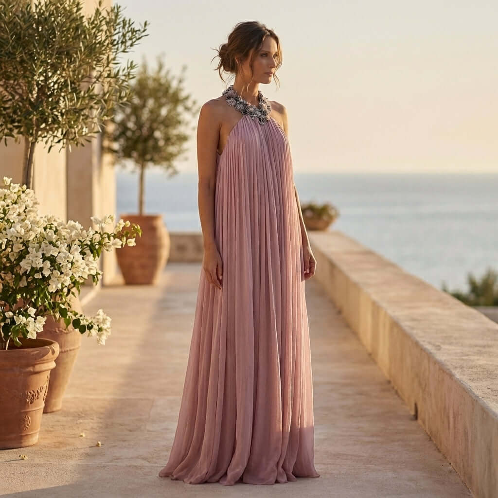 The Rozanne Halter Neck Maxi Dress with Beaded Collar by Eve Couture is elegantly styled in a sunlit environment, showcasing its exquisite craftsmanship. This hand made luxury evening gown is perfect for summer parties, cocktail events, and formal gatherings, making it a must-have designer dress for any sophisticated occasion.