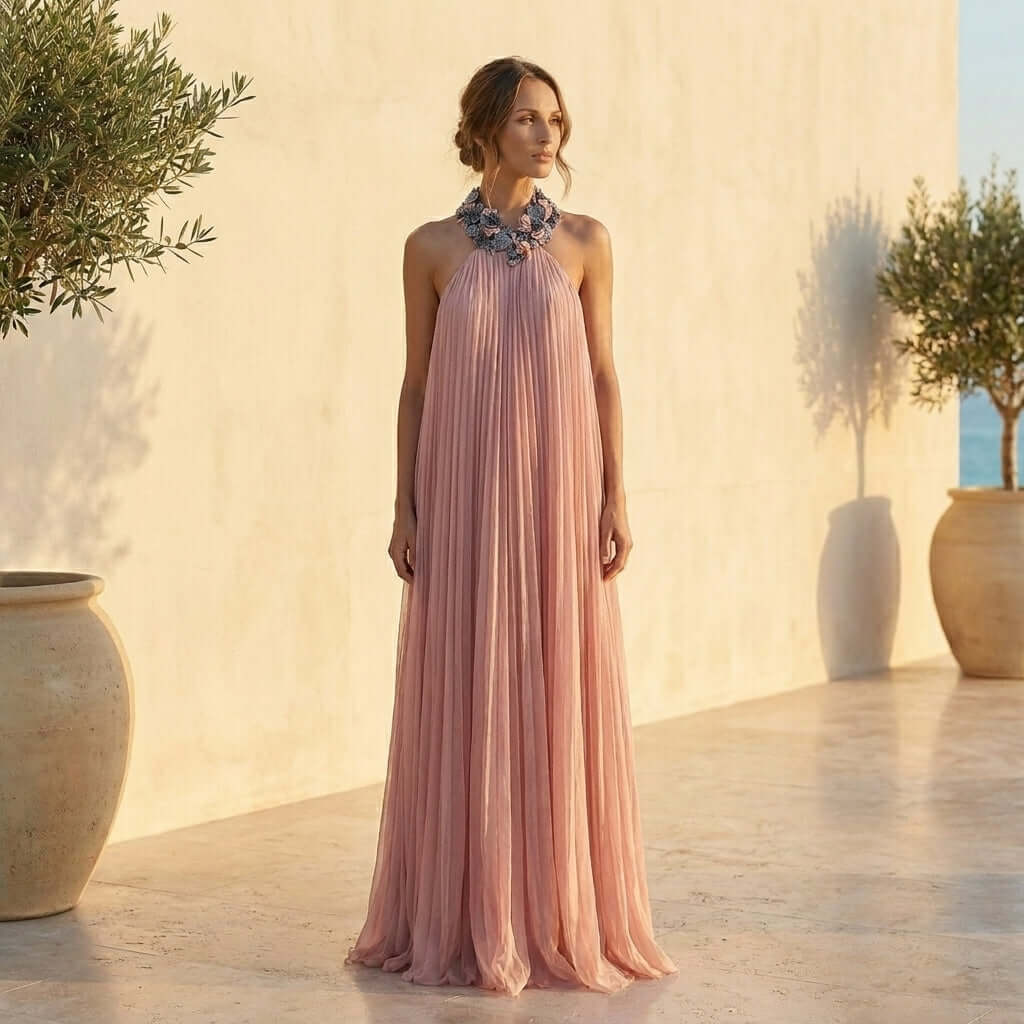 Stunning in the Rozanne Halter Neck Maxi Dress by Eve Couture, the luxurious dusty pink gown gracefully flows, accentuated by a handcrafted beaded collar. This couture gown epitomises elegance, serving as a perfect cocktail halter neck dress for summer parties and formal events. Each piece is crafted in London, making it a unique luxury dress designed for special occasions.