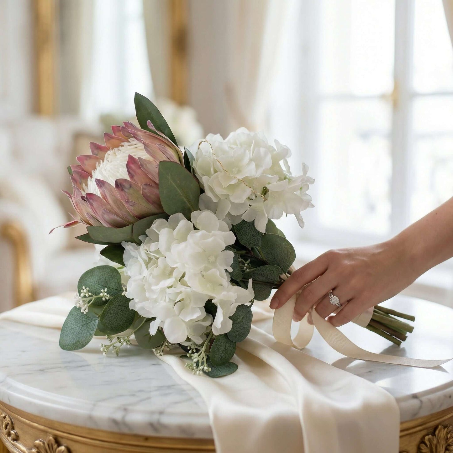 Chic Myriss Bridal silk flowers Bouquet by Eve Couture with rich textures of silk artificial flowers and lush eucalyptus, a refined choice for a wedding silk flowers bouquet.