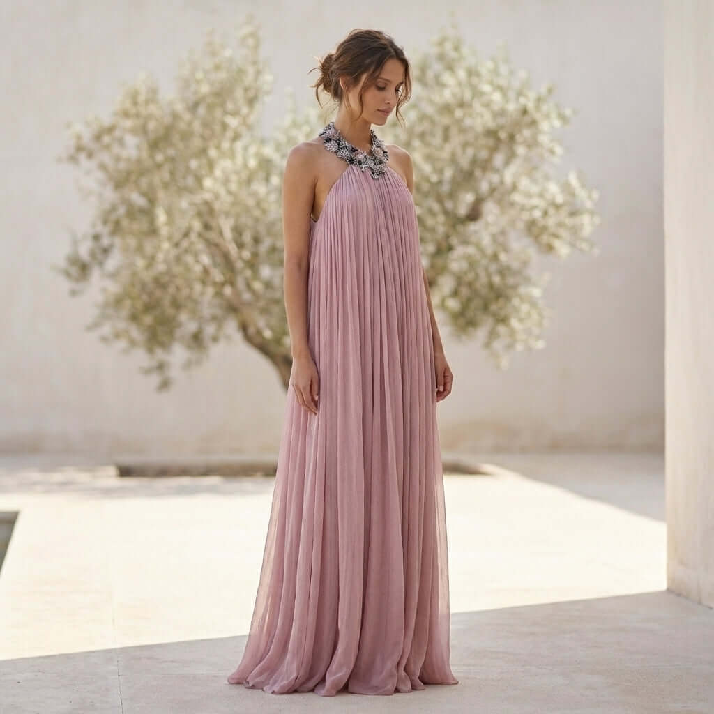 The Rozanne Halter Neck Maxi Dress with Beaded Collar by Eve Couture showcases a soft dusty pink silk fabric, elegantly draping for a stunning silhouette, perfect for special occasions. This luxury summer dress is hand made in London and embodies glamour as a designer cocktail dress for parties, weddings, or red carpet events. Ideal for moments that deserve opulence, it radiates sophistication as a contemporary maxi evening dress.