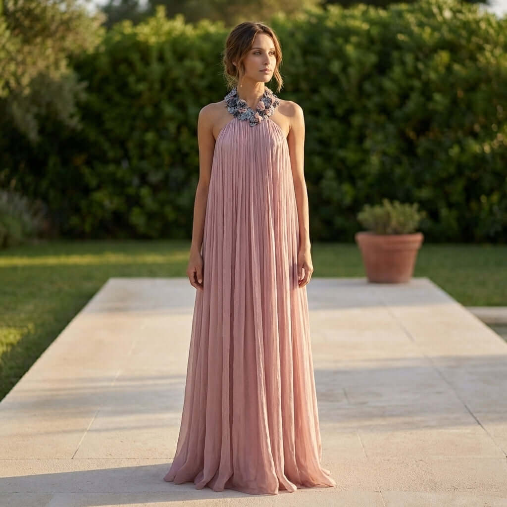The beautiful Rozanne Halter Neck Maxi Dress with Beaded Collar from Eve Couture is captured in a serene outdoor setting, showcasing its stunning drape and intricate detailing. This luxury evening gown is handcrafted in London, making it the ideal designer dress for birthdays, bridal celebrations, or glamorous summer parties, ensuring you stand out in opulence.