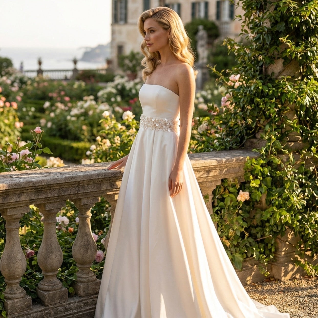 Beautiful side view of the Lysandra Wedding Dress: Long-Length with Sequined Belt by Eve Couture, showcasing the enchanting drape and unique side pockets.