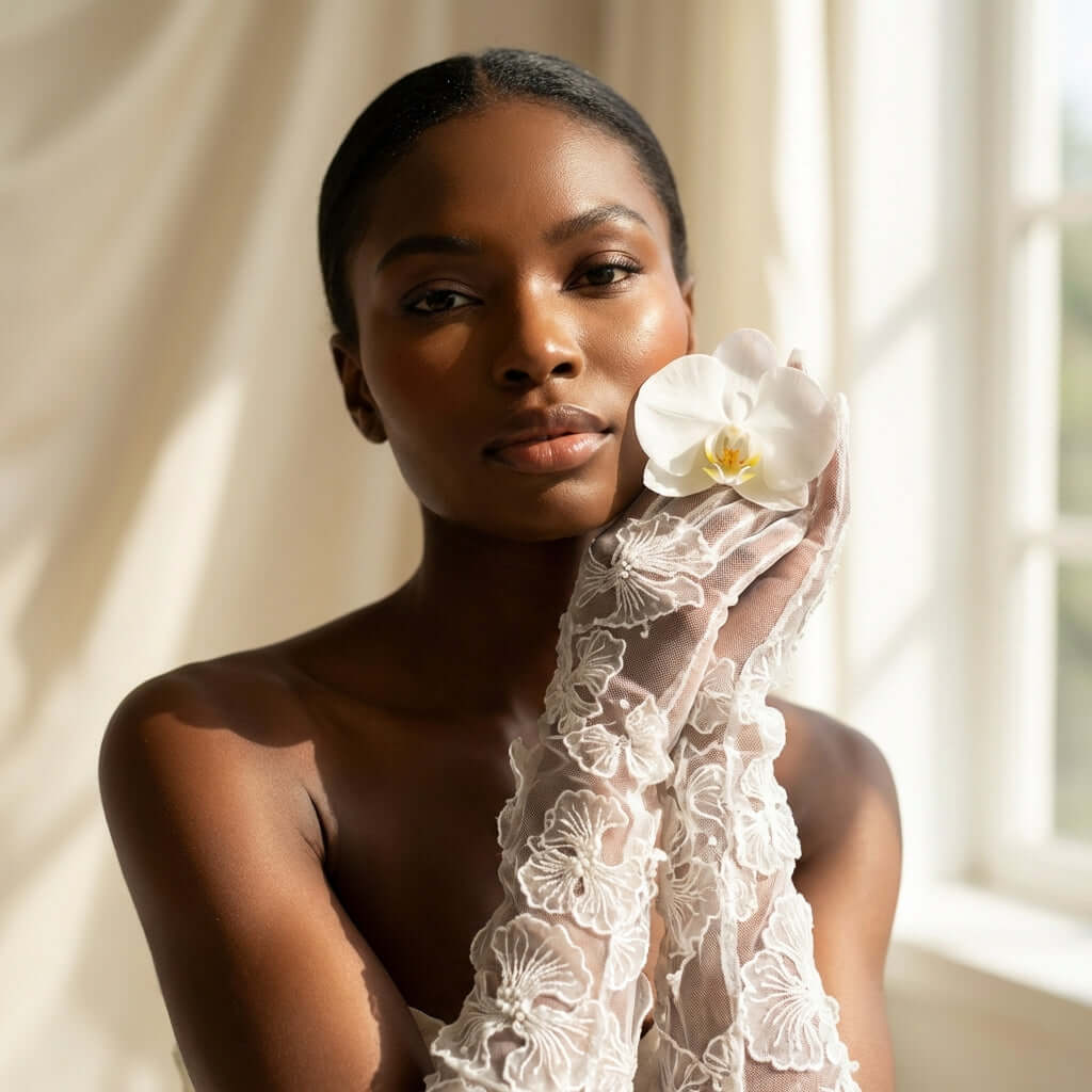 Stunning Myriss Bridal Gloves by Eve Couture, a perfect embodiment of bridal fashion elegance. Hand made in London, these gloves are designed for a couture dress and evoke a high-end luxury vibe.