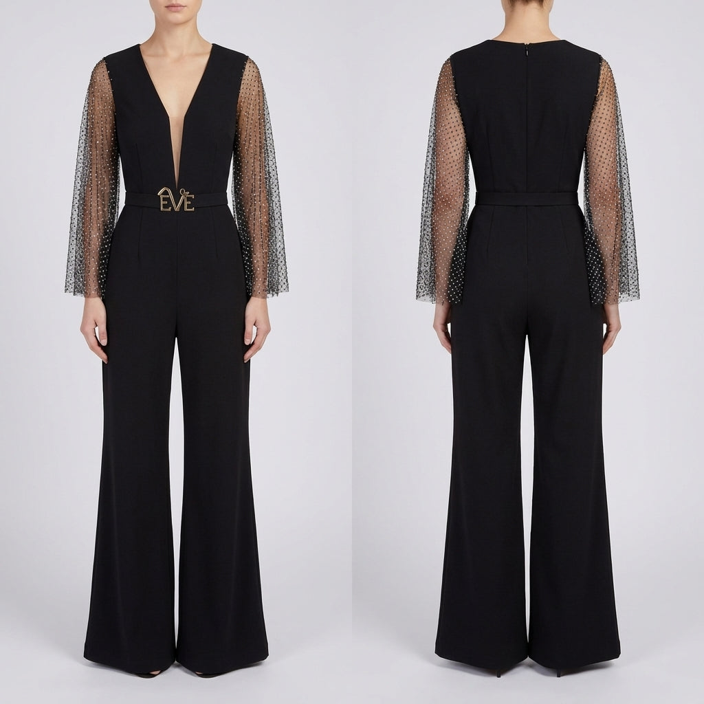 Rear and front view of the Anemone Evening Jumpsuit by Eve Couture London, illustrating its sophisticated V-neck design and premium rhinestone sleeves. This elegant jumpsuit combines luxury with a flattering silhouette, making it a must-have for a couture collection. Perfect for parties and high-end events, this handmade black jumpsuit offers both style and comfort.