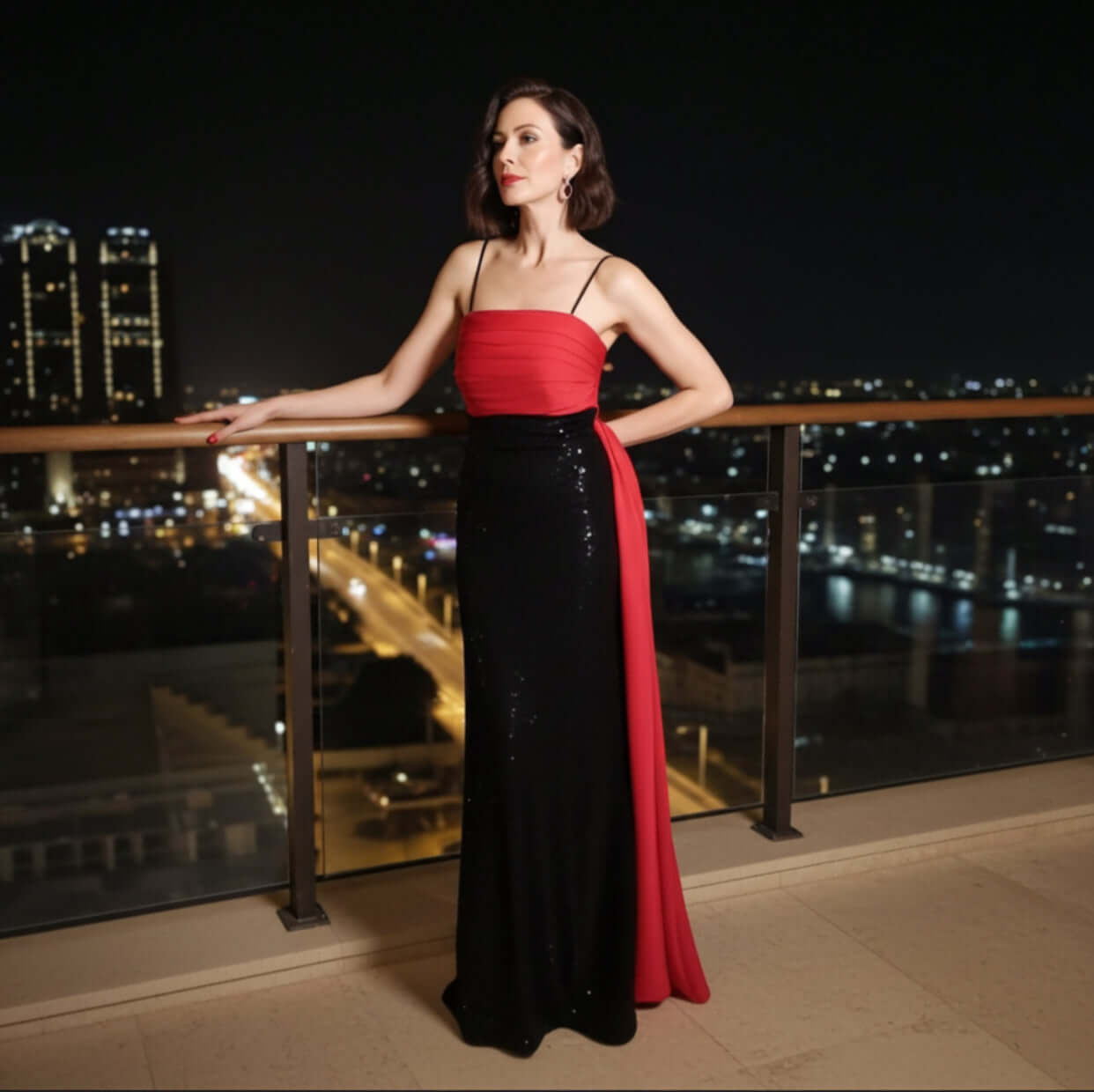 A chic woman accentuates her beauty in the Amarine Evening Gown by Eve Couture, set against a vibrant night backdrop, embodying grace and femininity in a high-fashion, luxury evening gown perfect for glamorous events.
