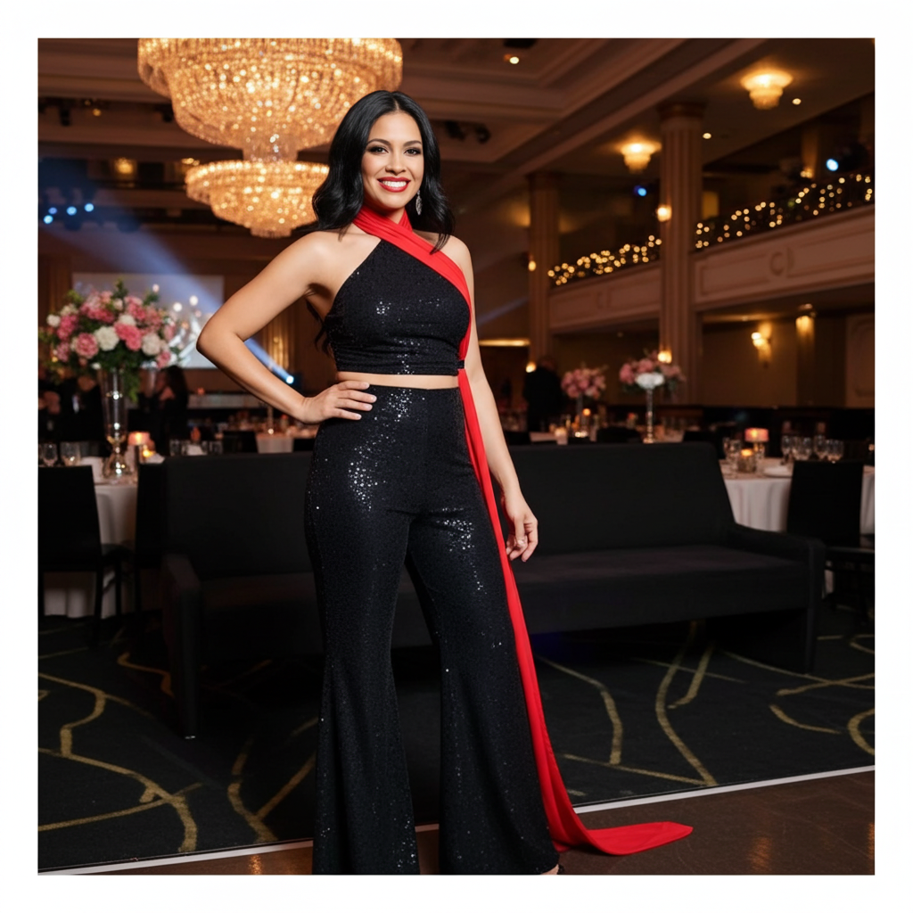 Close-up of Ammeline sequined flared trousers, highlighting the shimmering black sequins that catch the light beautifully.