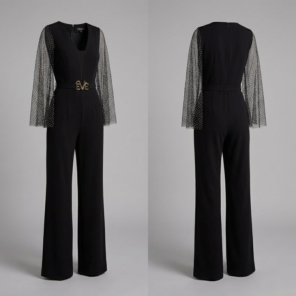 Stylish display of the Anemone Evening Jumpsuit by Eve Couture London, emphasizing the intricate details and sleek design. This couture jumpsuit showcases the best of high-end fashion, making it a perfect choice for special occasions. With its elegant rhinestone additions, this luxury jumpsuit ensures you'll stand out at any evening event.