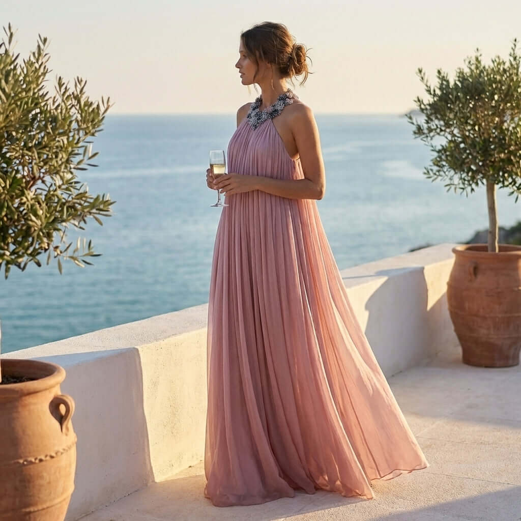 Backlit by a captivating sunset, the Rozanne Halter Neck Maxi Dress from Eve Couture presents a picture of tranquillity and grandeur. This luxurious evening gown, hand made in London, serves as the ultimate designer dress for summer parties, ensuring an elegant appearance full of opulence and style.