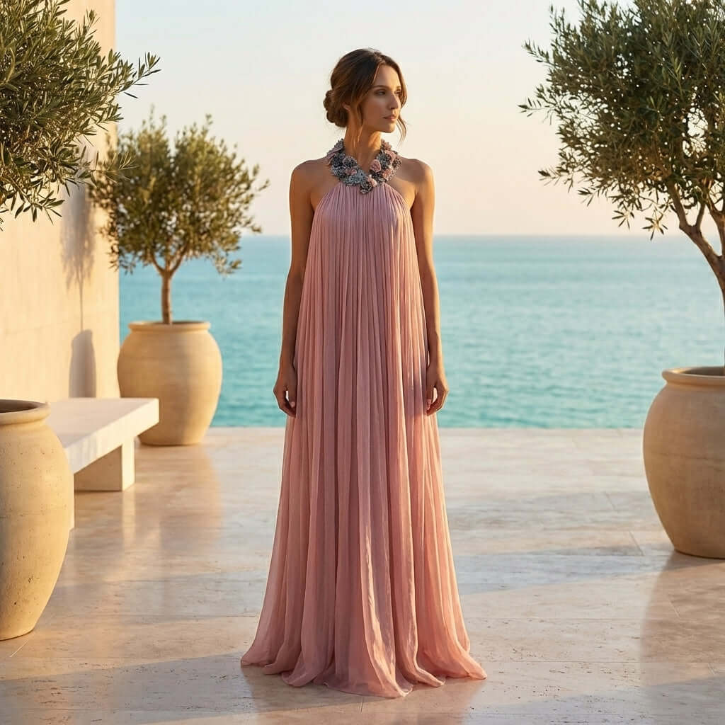 In a breathtaking seaside backdrop, the Rozanne Halter Neck Maxi Dress with Beaded Collar by Eve Couture captures the essence of luxury couture. Ideal as a summer dress or for formal occasions, this handmade piece in dusty pink silk offers timeless elegance, making it a standout choice for special celebrations.