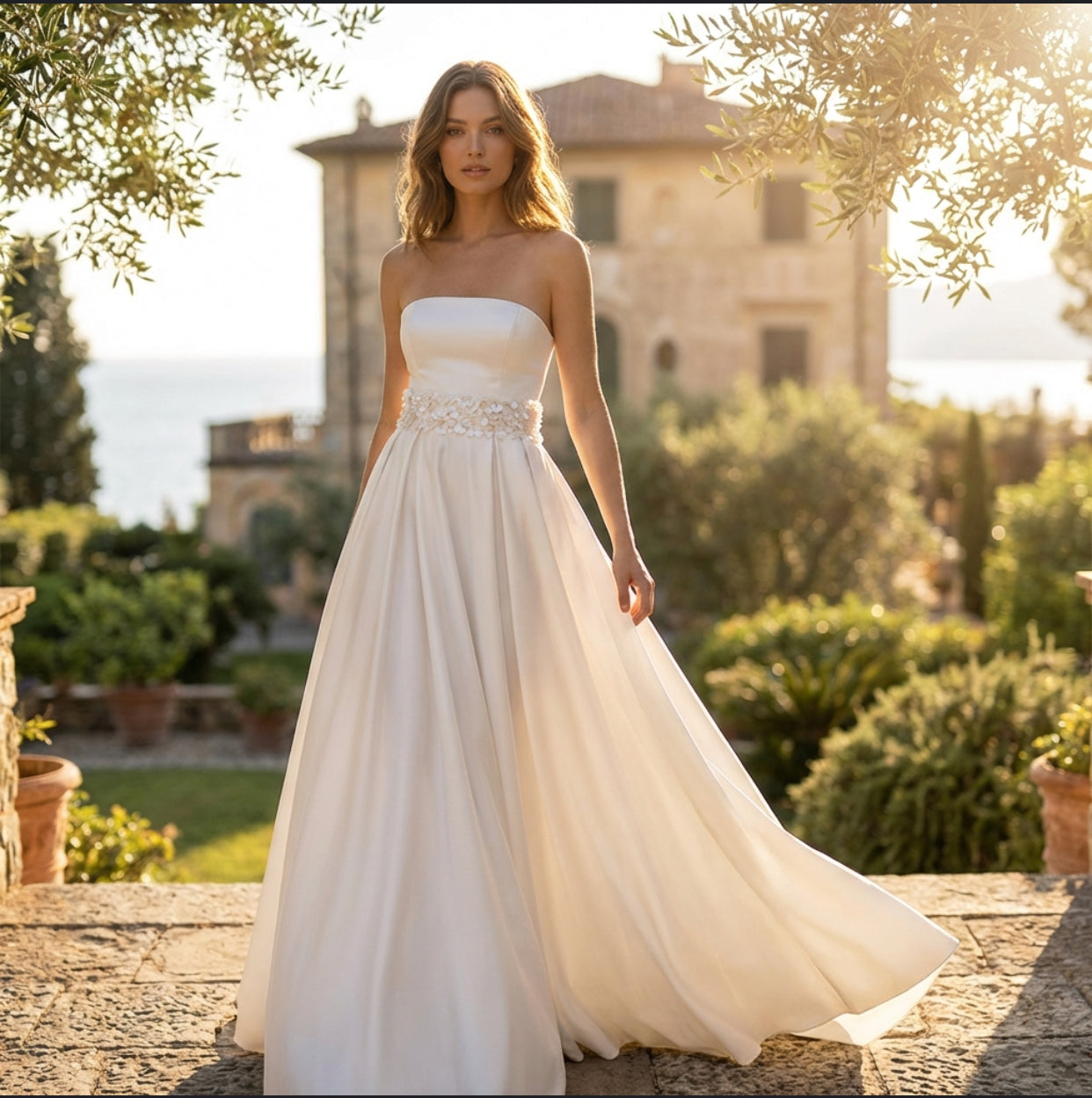 The timeless ivory colour of the Lysandra Wedding Dress: Long-Length by Eve Couture, emphasizing its elegance and suitability for summer weddings.