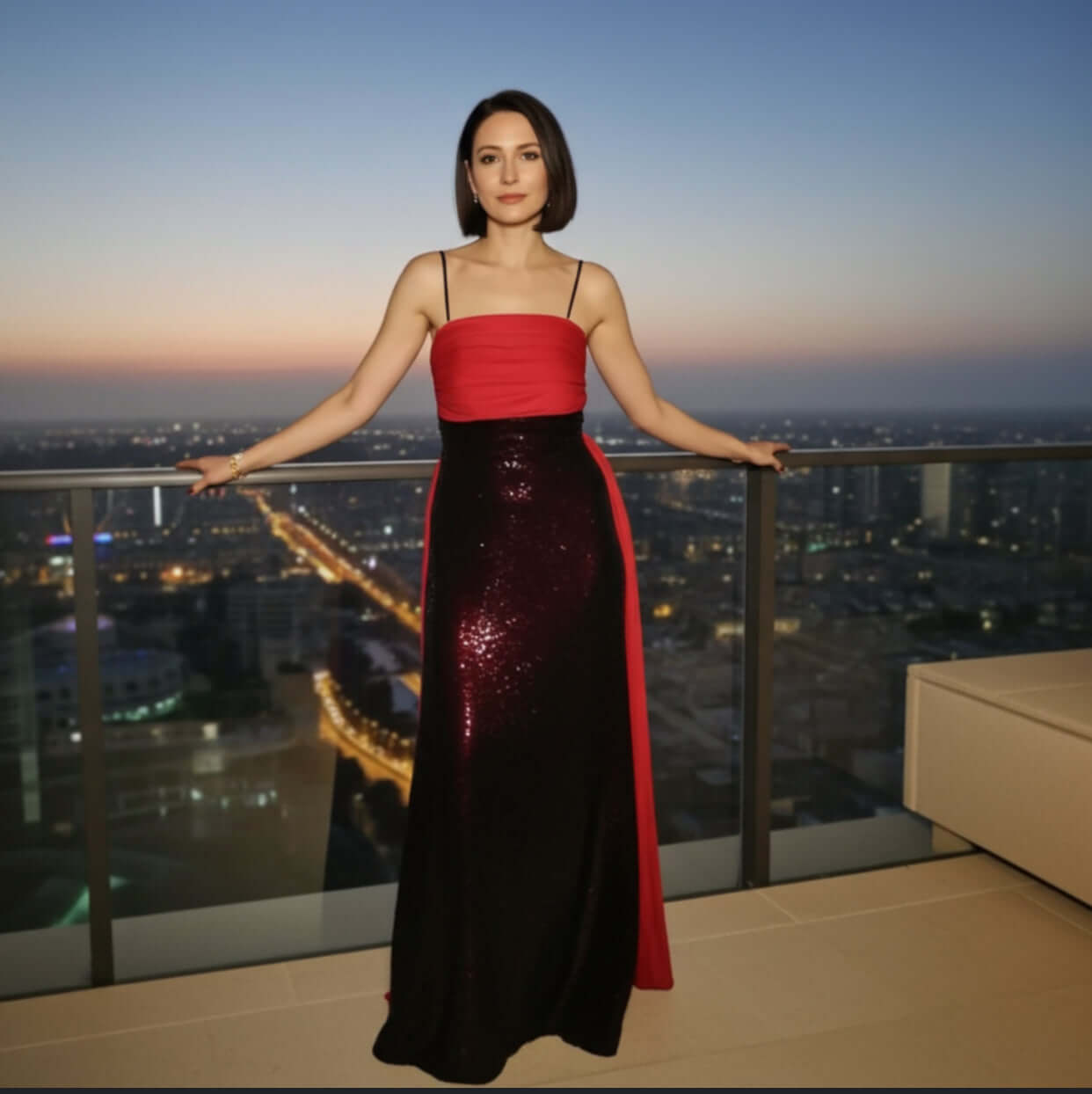 A stunning woman in an Amarine Evening Gown by Eve Couture, featuring a bespoke black sequinned bodice and flowing red silk organza panel, set against a breathtaking skyline backdrop, embodying elegance and beauty in this luxury evening dress.