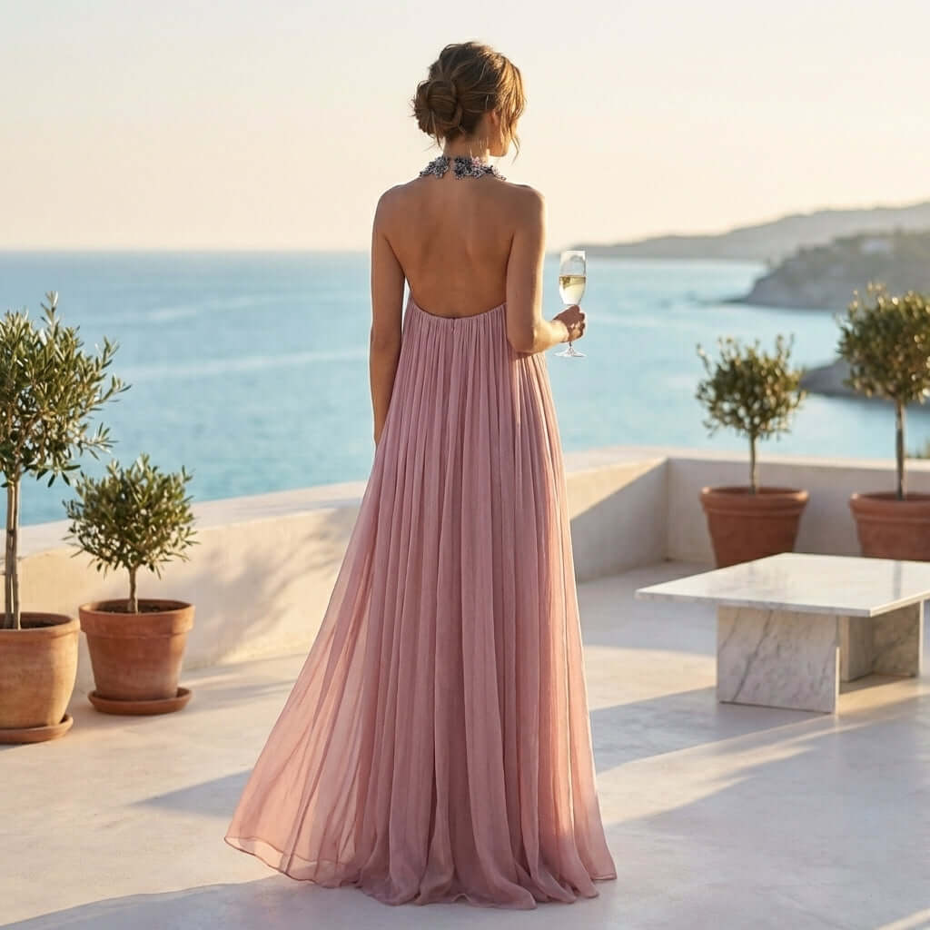 The Rozanne Halter Neck Maxi Dress with Beaded Collar by Eve Couture is elegantly posed with a champagne glass, reflecting the ultimate in glamour and sophistication. Perfect as a luxury cocktail dress or summer occasion wear, this dress defines high-end fashion with its exquisite details and flattering silhouette.