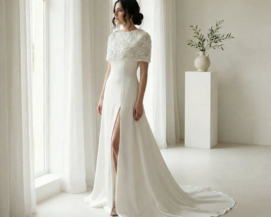 Eve Couture London Daneriss Wedding Set with Sequined Cape showcasing the exquisite elegance of this Luxury bridal gown and cape set, perfect for the modern bride who desires bespoke bridal fashion with a touch of glamour.