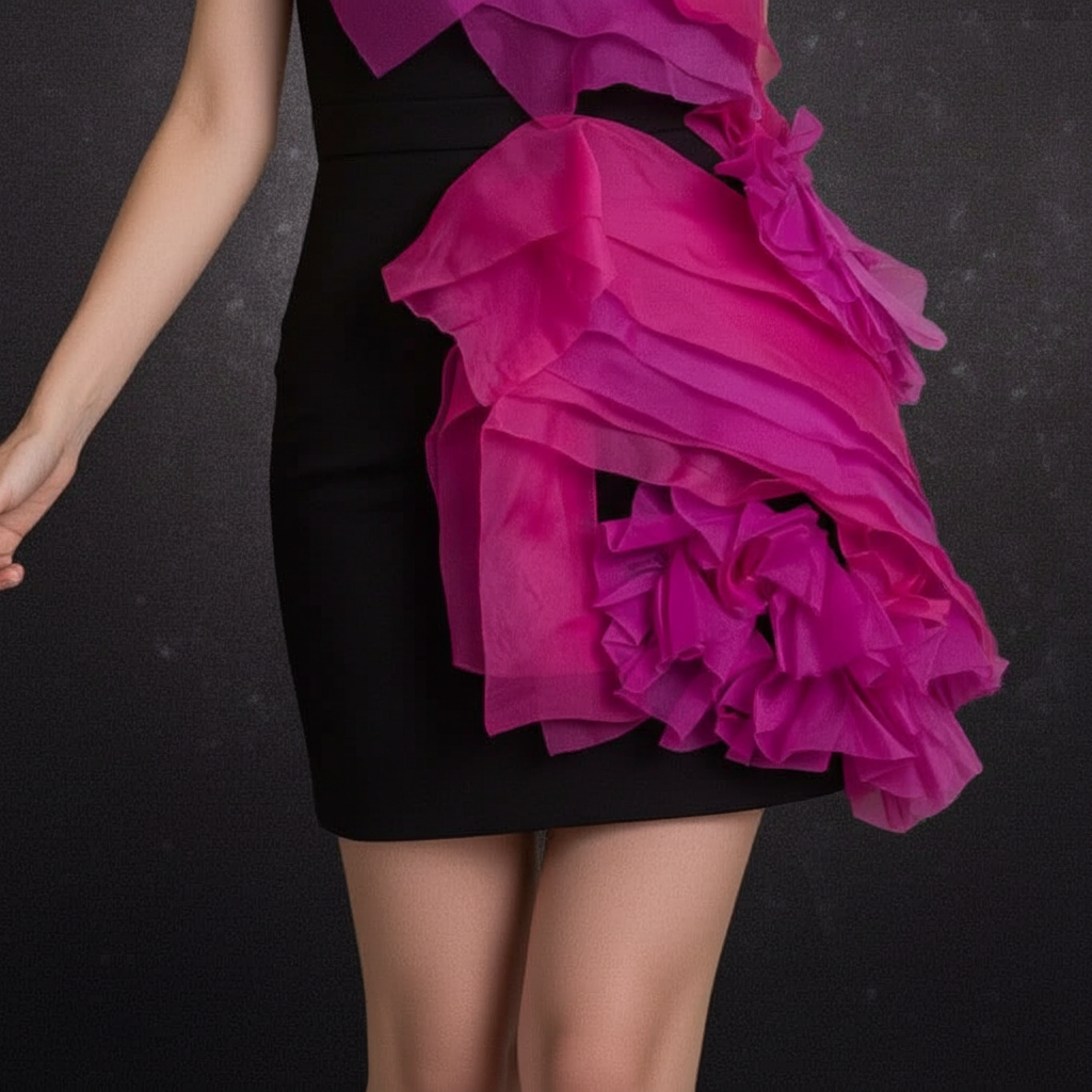 Rafflesia Mini Dress: Black dress with fuchsia frills, handmade to order from Eve Couture London, featuring a luxurious design perfect for elegant occasions.