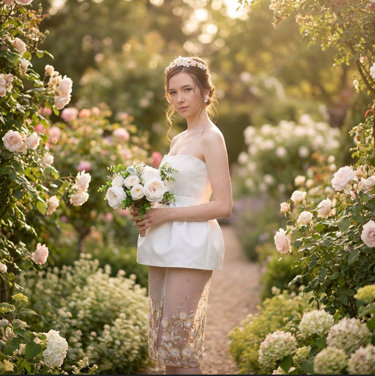 Full-length image of the Anabeth Bridal Skirt highlighting its luxurious lace and pearl embellishments, designed for brides who desire custom bridal separates and couture elegance.