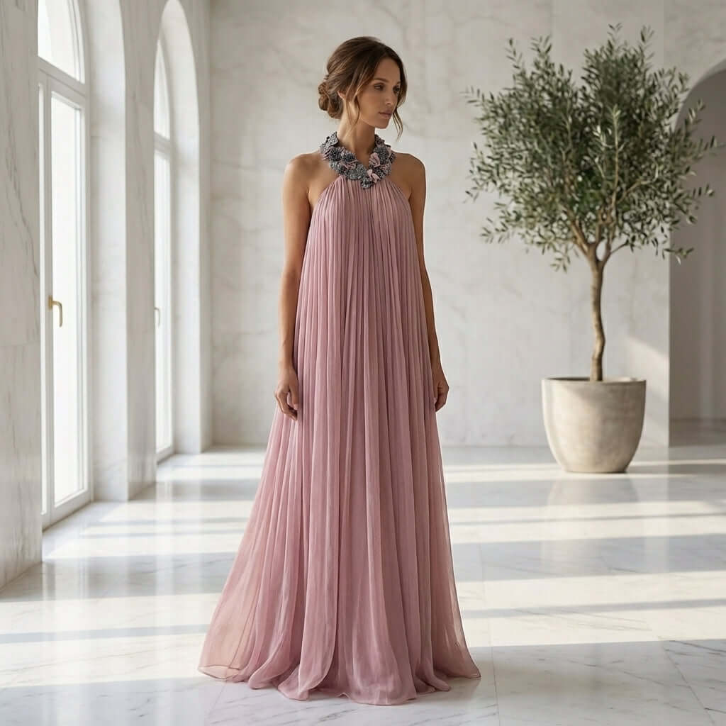 Featured in a modern, minimalist space, the Rozanne Halter Neck Maxi Dress by Eve Couture embodies classic beauty and high fashion. This luxury couture dress, crafted in London, is an ideal choice for formal occasions, birthdays, or summer celebrations, reaffirming its status as a timeless piece of elegance.