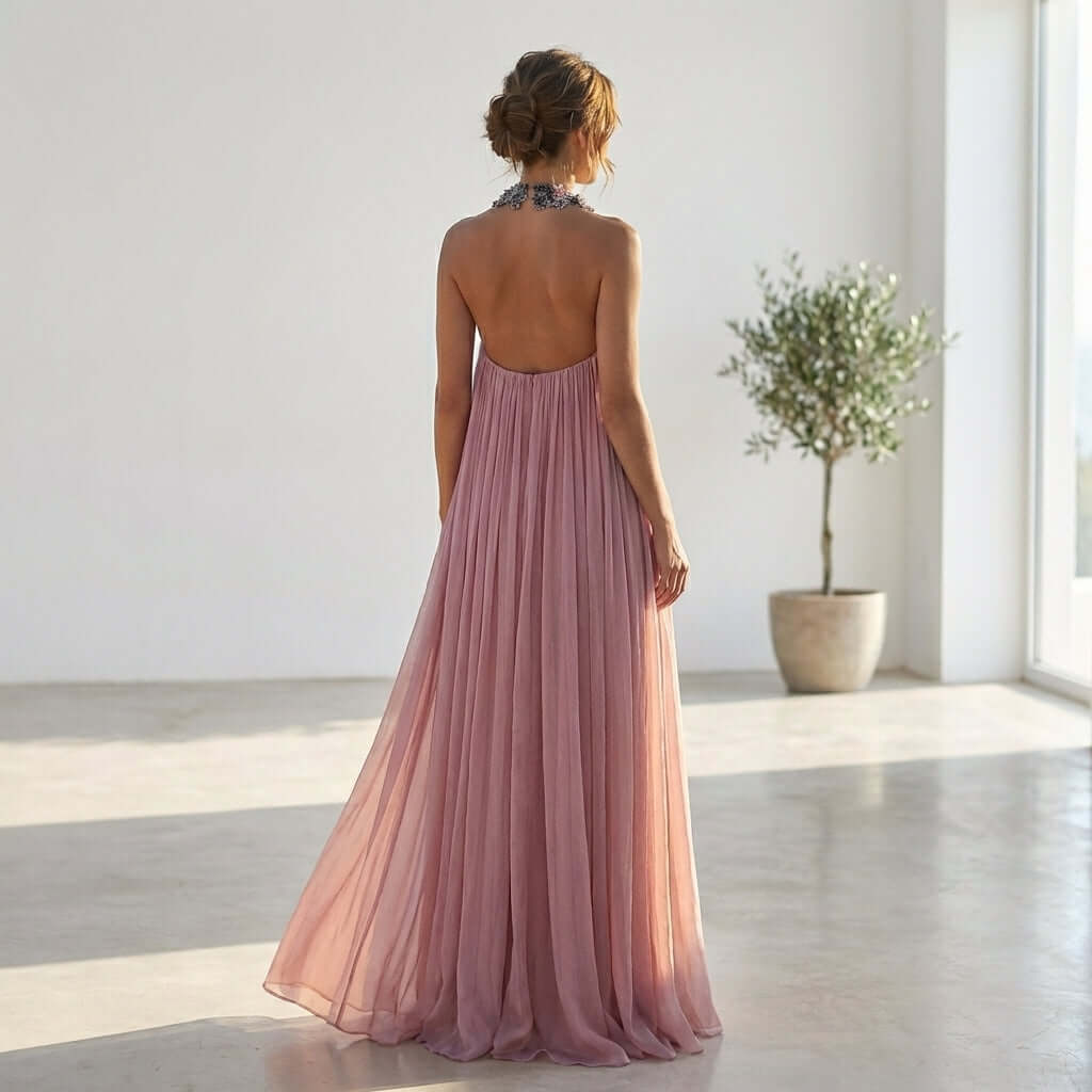 With a stunning backdrop, the Rozanne Halter Neck Maxi Dress from Eve Couture captures the spirit of luxury and sophistication. Ideal for special occasions, this hand made designer gown features exquisite detailing, setting a high standard for evening wear and summer party dresses alike.