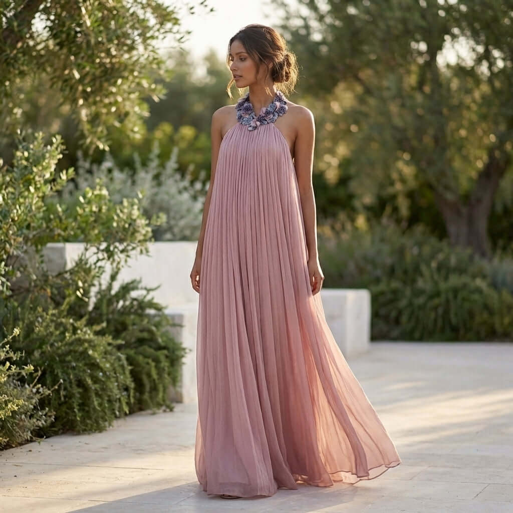 Highlighted against lush greenery, the Rozanne Halter Neck Maxi Dress by Eve Couture captures the essence of modern elegance. Crafted from luxurious silk, this special occasion gown features intricate beaded detailing, making it an impeccable choice for summer celebrations, bridal parties, or as a stunning prom dress.