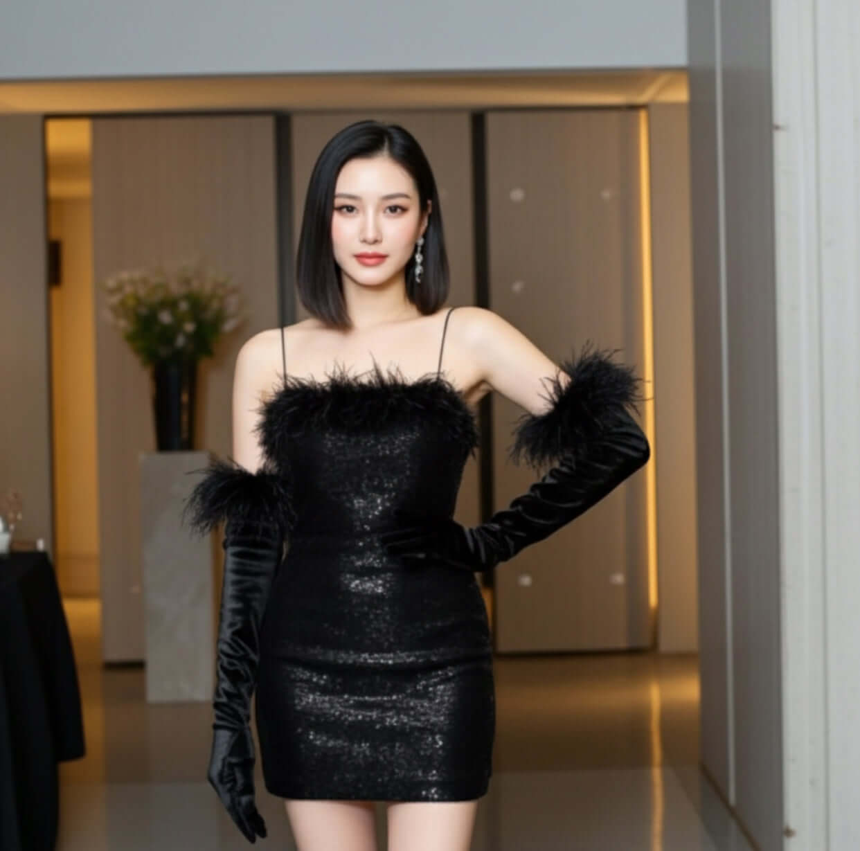 An elegant model in the Evie Mini Evening Dress with Gloves and Feathers by Eve Couture stands confidently in a chic setting. This evening dress with gloves combines black sequins and feathers, making it an exquisite choice for a couture dress or glamorous party dress.